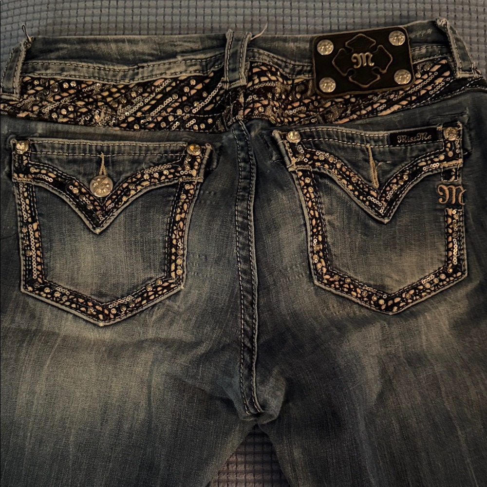Miss Me Embellished Boot Cut Jeans - Blue and Silver